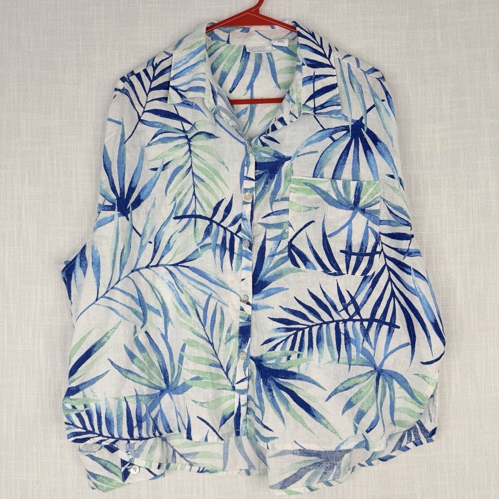 Sigrid Olsen Womens 100% Linen Tropical Palm Leaf Button Up Shirt Medium